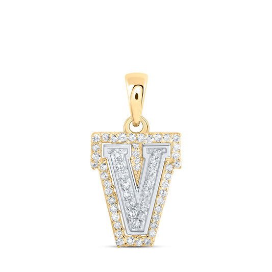 10K Two-tone Gold Womens Round Diamond V Initial Letter Pendant 1/6 Cttw, Length: 0.67 In, Width: 0.35 In