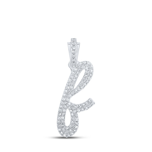 10K White Gold Womens Round Diamond Cursive Initial Letter Pendant