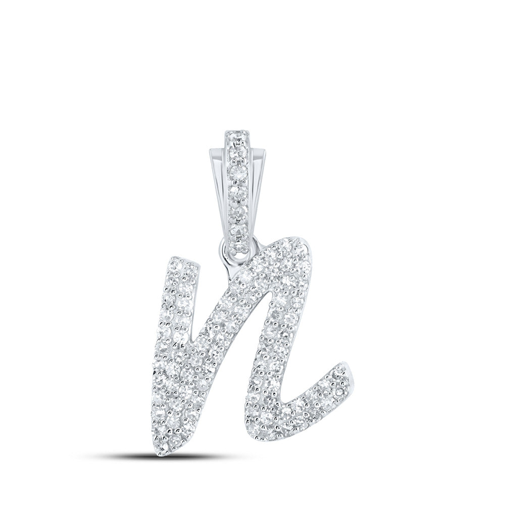 10K White Gold Womens Round Diamond Cursive Initial Letter Pendant