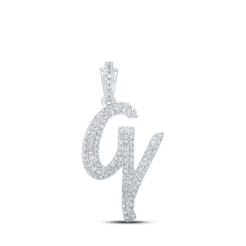 10K White Gold Womens Round Diamond Cursive Initial Letter Pendant
