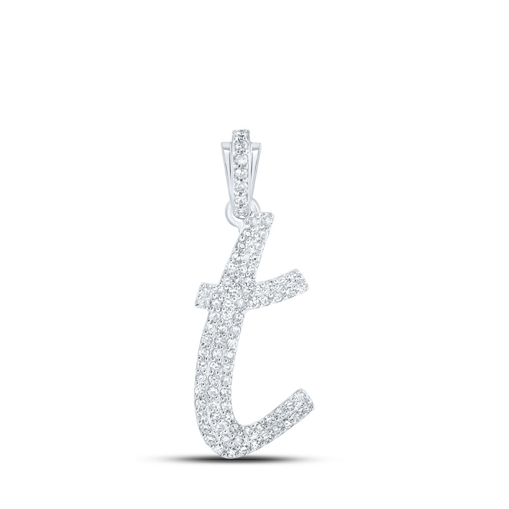 10K White Gold Womens Round Diamond Cursive Initial Letter Pendant