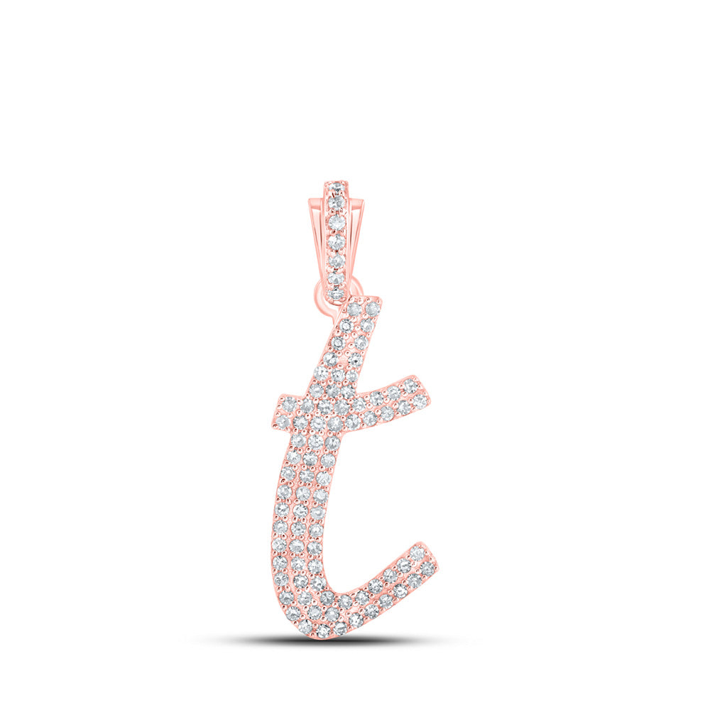 10K Rose Gold Womens Round Diamond Cursive Initial Letter Pendant