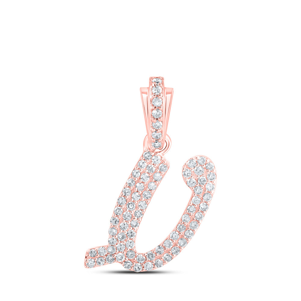 10K Rose Gold Womens Round Diamond Cursive Initial Letter Pendant