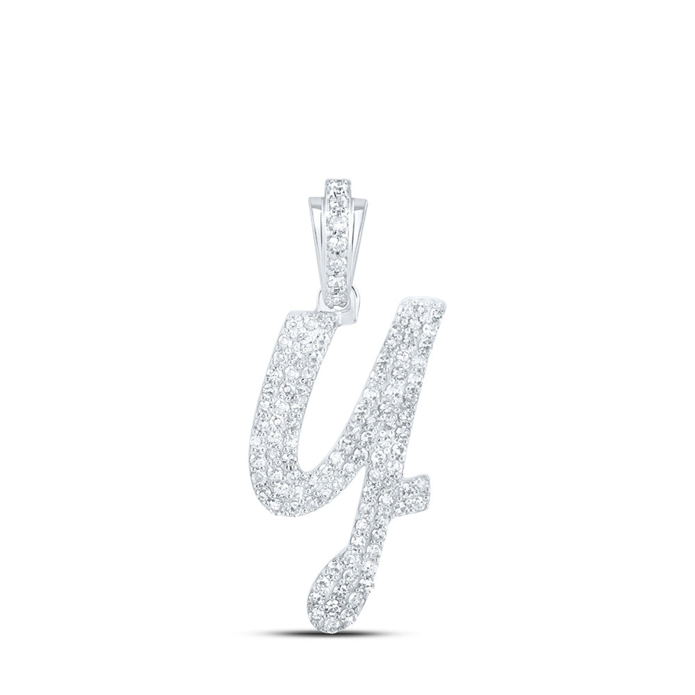 10K White Gold Womens Round Diamond Cursive Initial Letter Pendant