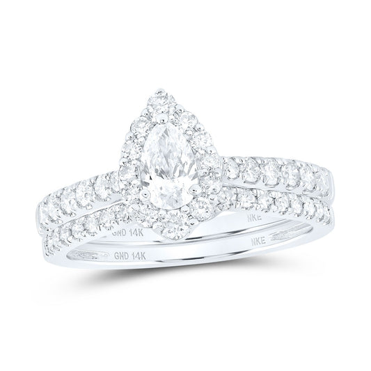 14K White Gold Pear Diamond Halo Bridal Wedding Ring Band Set 1 Cttw, Womens Size: 5-10