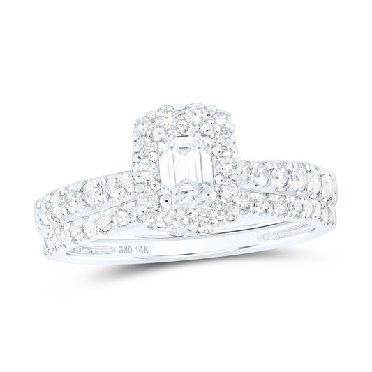 14K White Gold Emerald Diamond Halo Bridal Wedding Ring Band Set 1 Cttw, Womens Size: 5-10