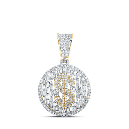 10K Yellow Gold Mens Round Diamond Dollar Sign Circle Charm Pendant 1-1/2 Cttw