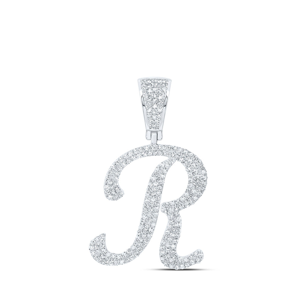 10K White Gold Mens Round Diamond Initial Letter Charm Pendant