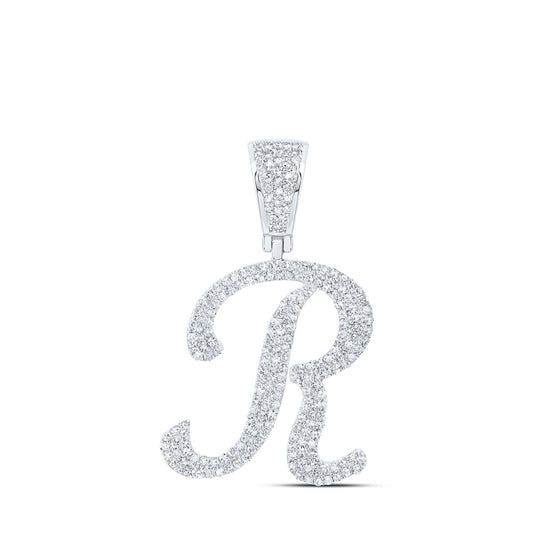 10K White Gold Mens Round Diamond Initial Letter Charm Pendant