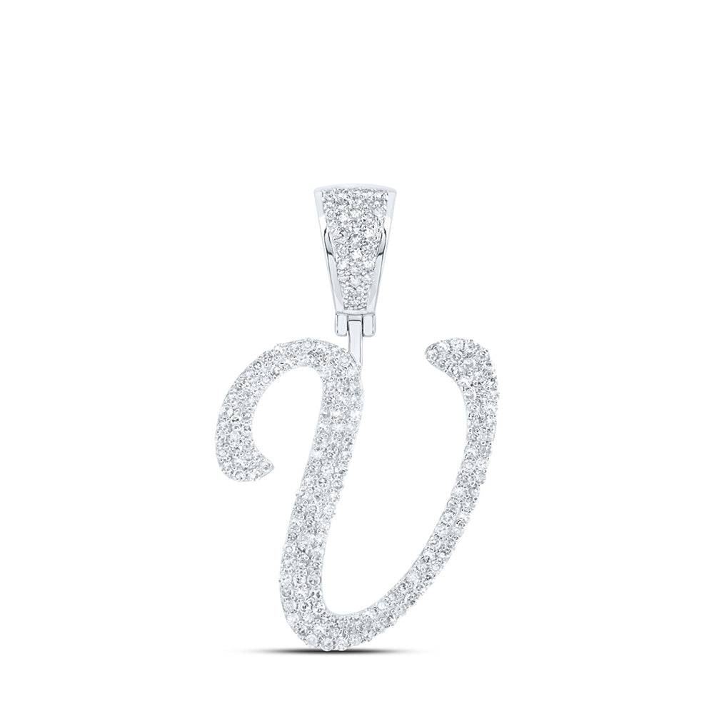 10K White Gold Mens Round Diamond Initial Letter Charm Pendant