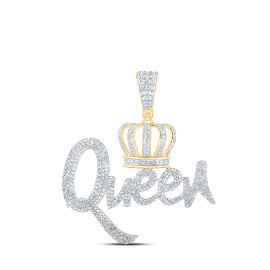 10K Yellow Gold Mens Round Diamond Queen Crown Charm Pendant 1-5/8 Cttw, Length: 1.73 In, Width: 1.47 In