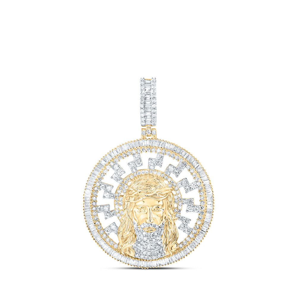 10K Yellow Gold Mens Baguette Diamond Jesus Medallion Circle Charm Pendant 2-3/4 Cttw