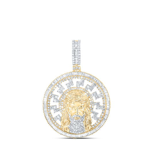 10K Yellow Gold Mens Baguette Diamond Jesus Medallion Circle Charm Pendant 2-3/4 Cttw
