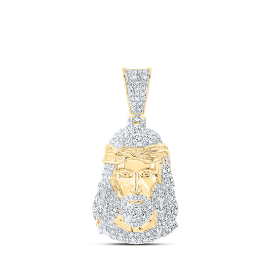 10K Yellow Gold Mens Round Diamond Jesus Face Charm Pendant 1 Cttw