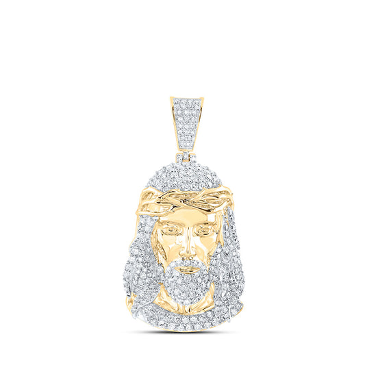 10K Yellow Gold Mens Round Diamond Jesus Face Charm Pendant 2 Cttw