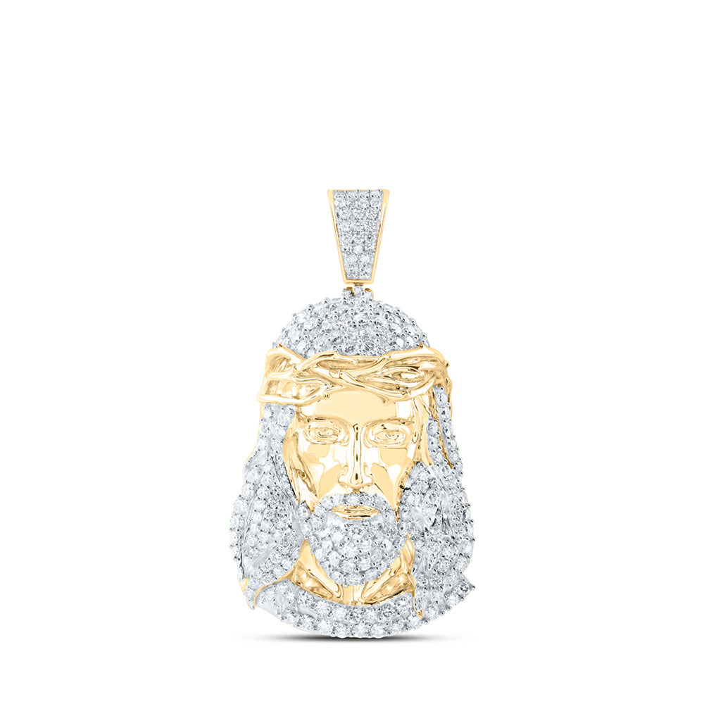 10K Yellow Gold Mens Round Diamond Jesus Face Charm Pendant 4-5/8 Cttw