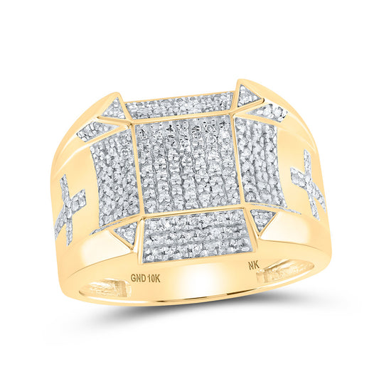 10K Yellow Gold Mens Round Diamond Square Cross Ring 1/2 Cttw, Mens Size: 7-13