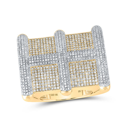 10K Yellow Gold Mens Round Diamond Big Look Square Cluster Ring 3 Cttw, Mens Size: 7-13