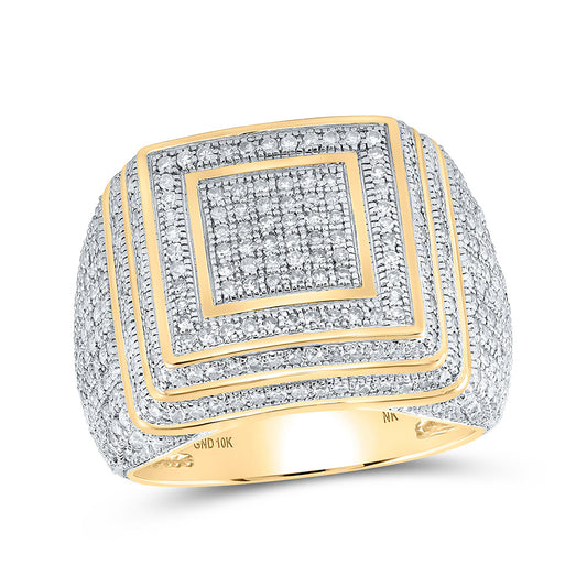 10K Yellow Gold Mens Round Diamond Square Ring 1-7/8 Cttw, Mens Size: 7-13