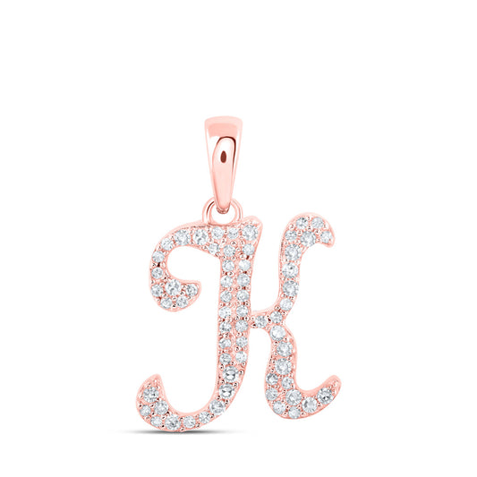 10K Rose Gold Womens Round Diamond K Initial Letter Pendant 1/5 Cttw, Length: 0.66 In, Width: 0.55 In