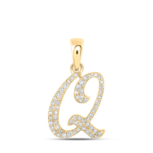 10K Yellow Gold Womens Round Diamond Q Initial Letter Pendant 1/8 Cttw, Length: 0.66 In, Width: 0.55 In