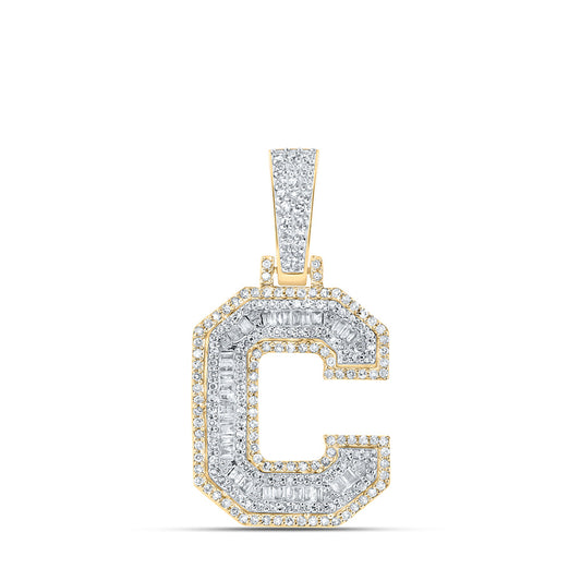 10K Yellow Gold Mens Baguette Diamond Initial Letter Charm Pendant
