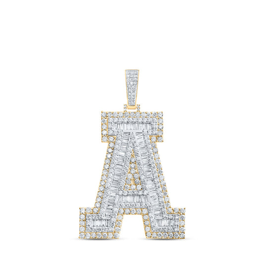 10K Yellow Gold Mens Baguette Diamond Initial Letter Charm Pendant