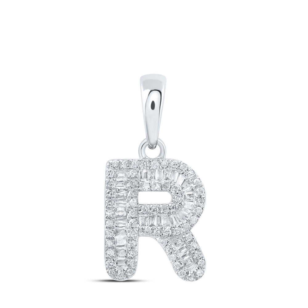 10K White Gold Womens Baguette Diamond Initial Letter Pendant