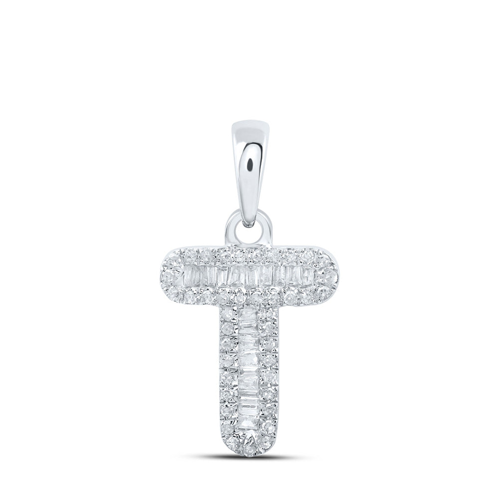 10K White Gold Womens Baguette Diamond Initial Letter Pendant