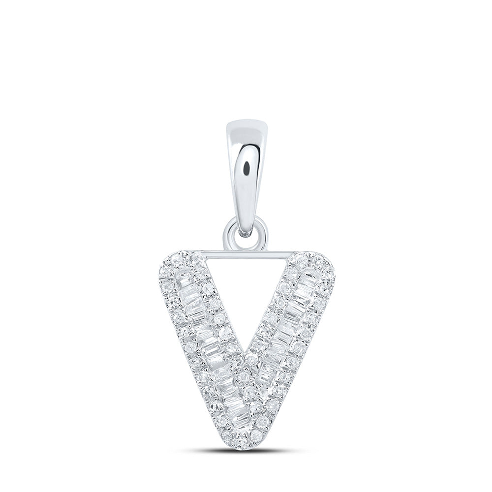 10K White Gold Womens Baguette Diamond Initial Letter Pendant