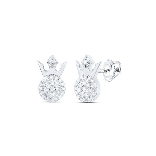 10K White Gold Womens Round Diamond Crown Earrings 1/5 Cttw