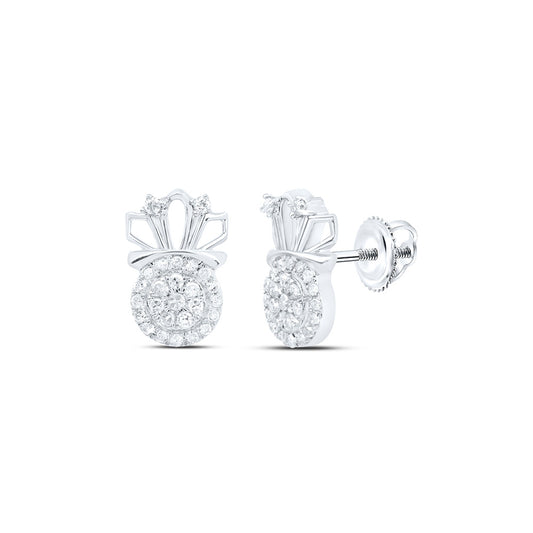 10K White Gold Womens Round Diamond Crown Earrings 1/5 Cttw
