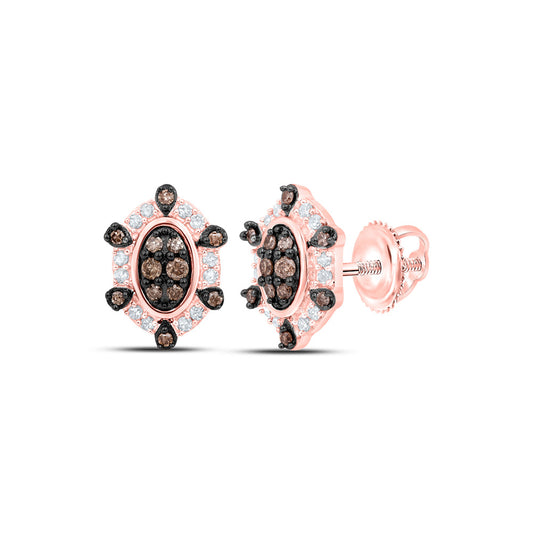 10K Rose Gold Womens Round Brown Diamond Oval Earrings 1/4 Cttw