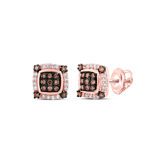 10K Rose Gold Womens Round Brown Diamond Square Earrings 1/4 Cttw