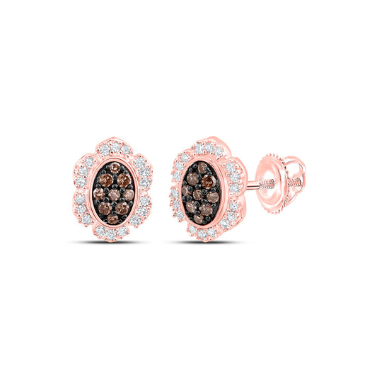 10K Rose Gold Womens Round Brown Diamond Oval Earrings 1/5 Cttw
