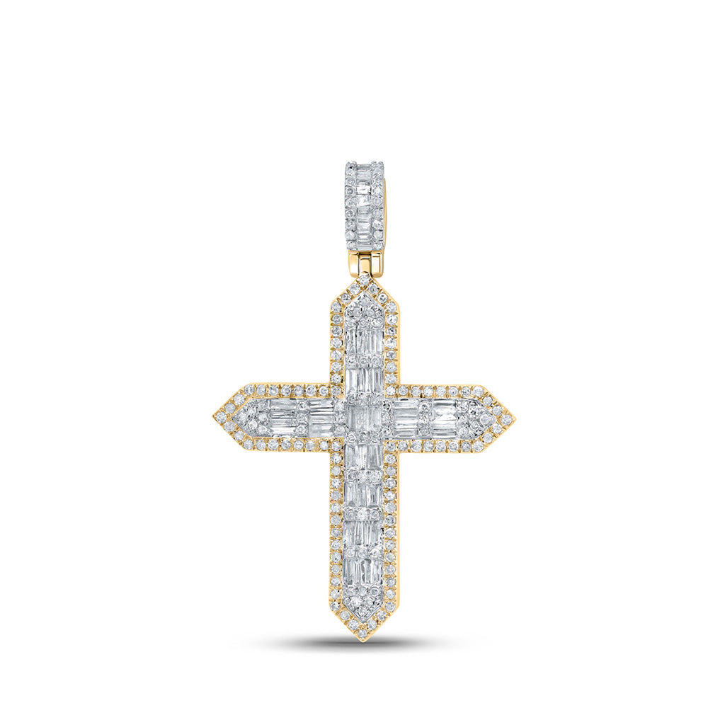 10K Yellow Gold Mens Baguette Diamond Cross Charm Pendant 1 Cttw
