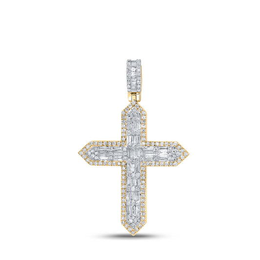 10K Yellow Gold Mens Baguette Diamond Cross Charm Pendant 1 Cttw