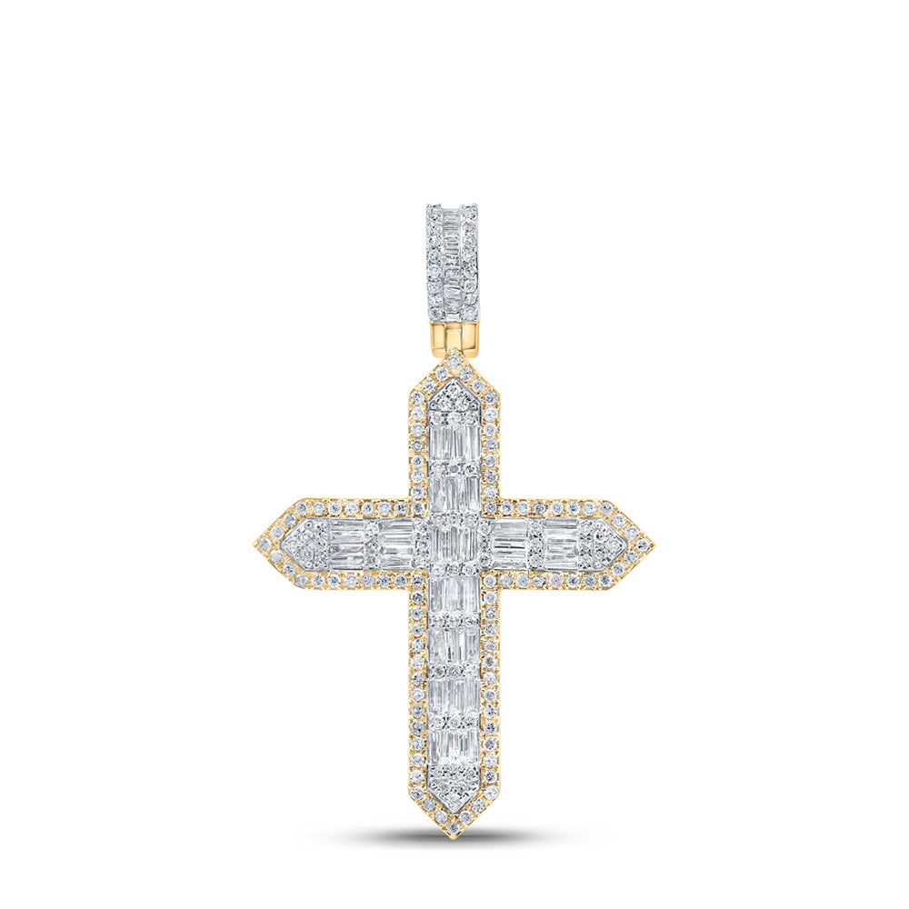 10K Yellow Gold Mens Baguette Diamond Cross Charm Pendant 1-3/4 Cttw