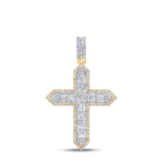 10K Yellow Gold Mens Baguette Diamond Cross Charm Pendant 1-3/4 Cttw