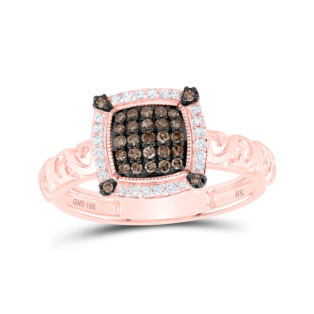 10K Rose Gold Womens Round Brown Diamond Square Ring 1/4 Cttw, Womens Size: 5-10
