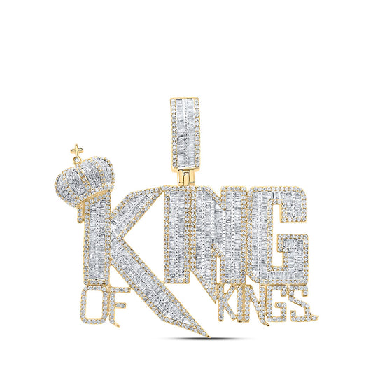 10K Yellow Gold Mens Baguette Diamond KING OF KINGS Crown Charm Pendant 4 Cttw