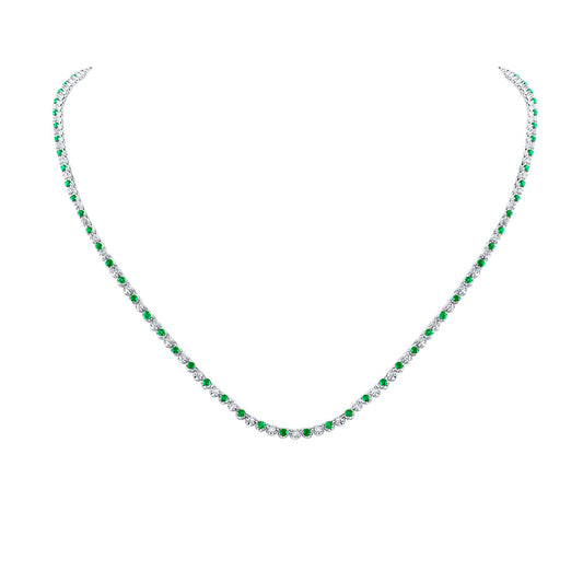 14K White Gold Womens Round Emerald Diamond Single Row Tennis Necklace 5 Cttw