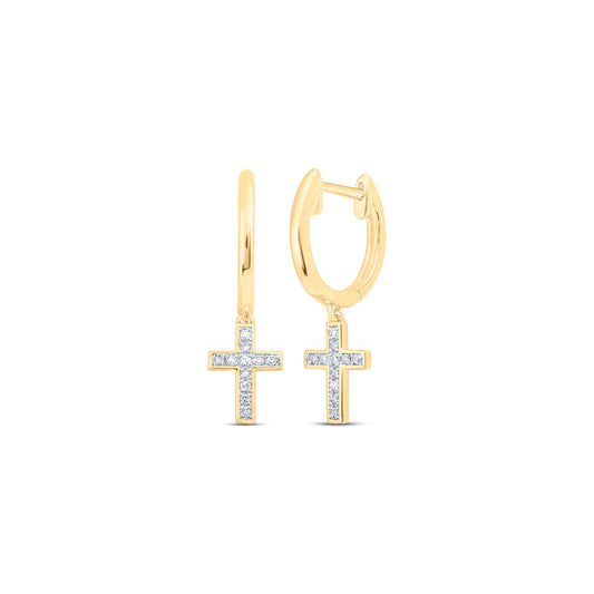 10K White Or Yellow Gold Womens Round Diamond Cross Dangle Earrings