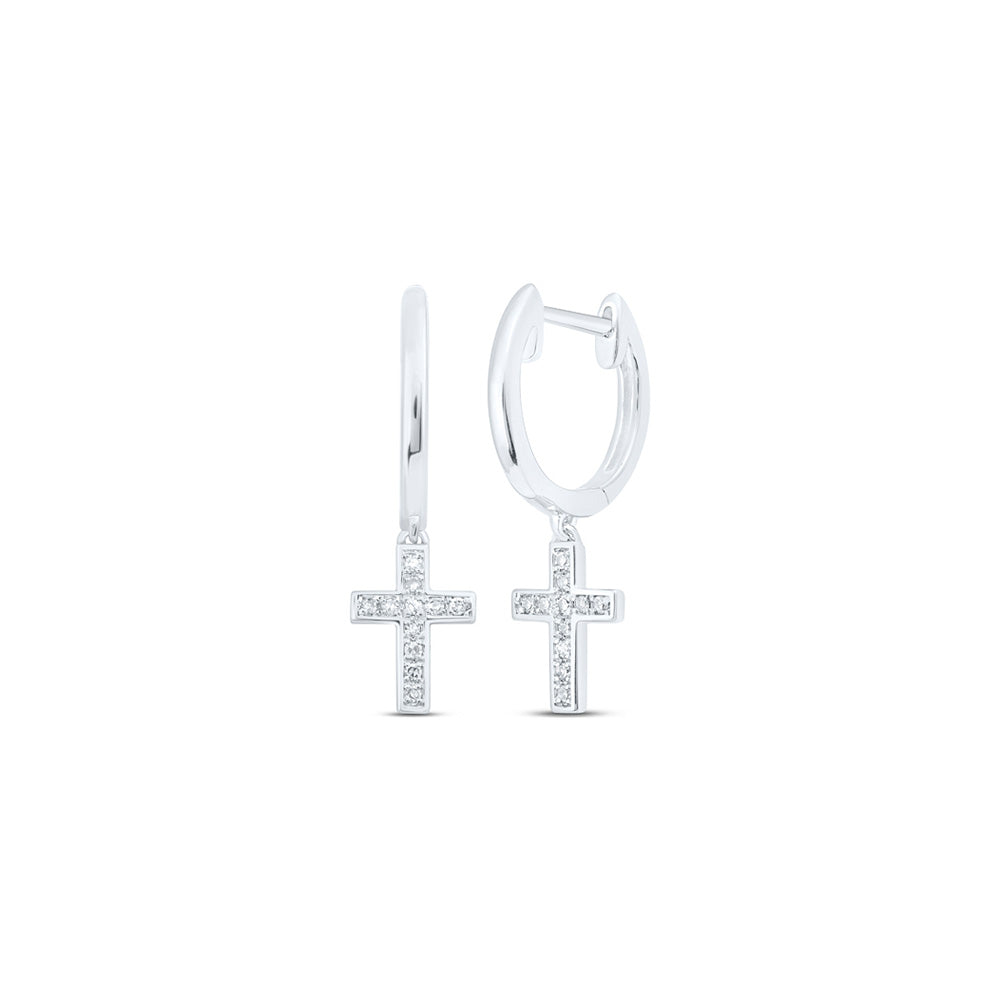 10K White Or Yellow Gold Womens Round Diamond Cross Dangle Earrings