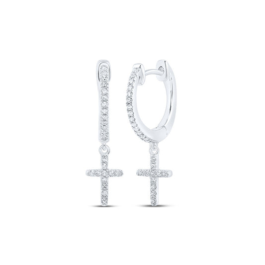 10K White Or Yellow Gold Womens Round Diamond Cross Dangle Earrings