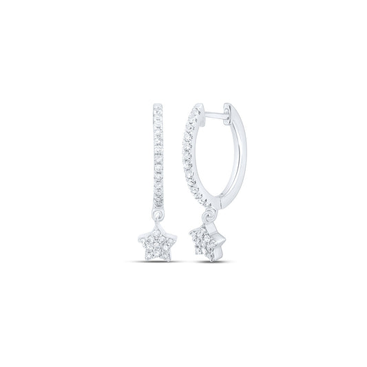 10K White Or Yellow Gold Womens Round Diamond Star Hoop Dangle Earrings