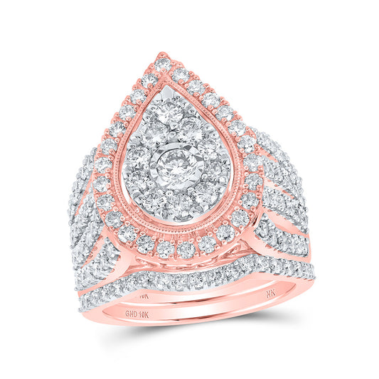 10K Yellow Or Rose Gold Round Diamond Teardrop Bridal Wedding Ring Band Set , Womens Size: 5-10