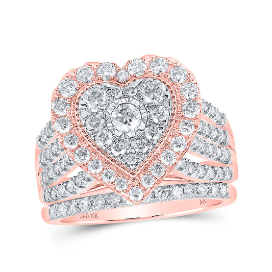10K Yellow Or White Or Rose Gold Round Diamond Heart Bridal Wedding Ring Band Set, Womens Size: 5-10