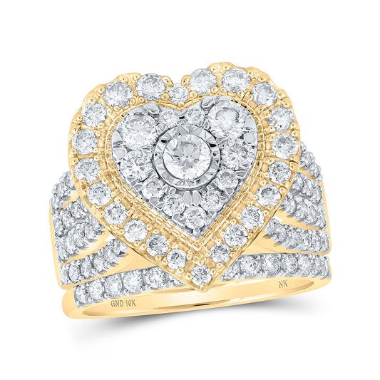 10K Yellow Gold Round Diamond Heart Bridal Wedding Ring Band Set 2 Cttw, Womens Size: 5-10