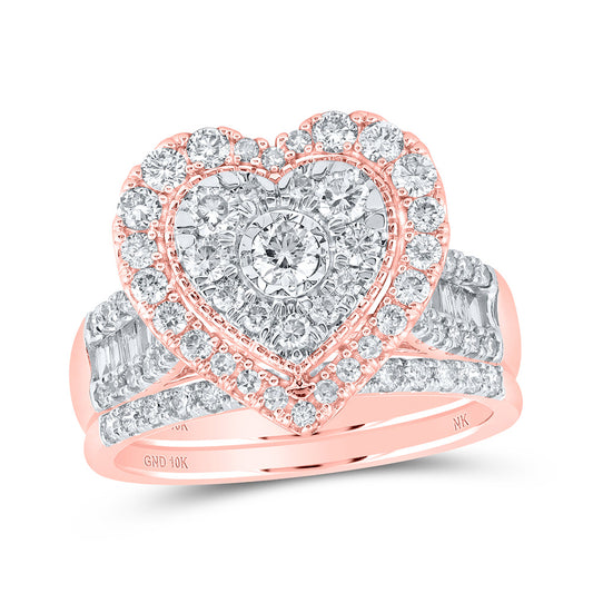 10K Yellow Or White Or Rose Gold Round Diamond Heart Bridal Wedding Ring Band Set, Womens Size: 5-10